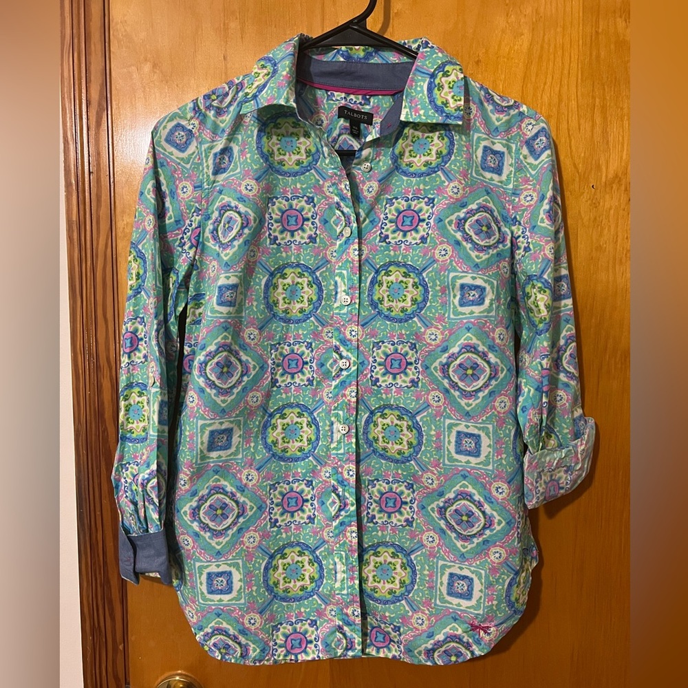 Talbots Multi-Colored Geometrical Button Down Blo… - image 1